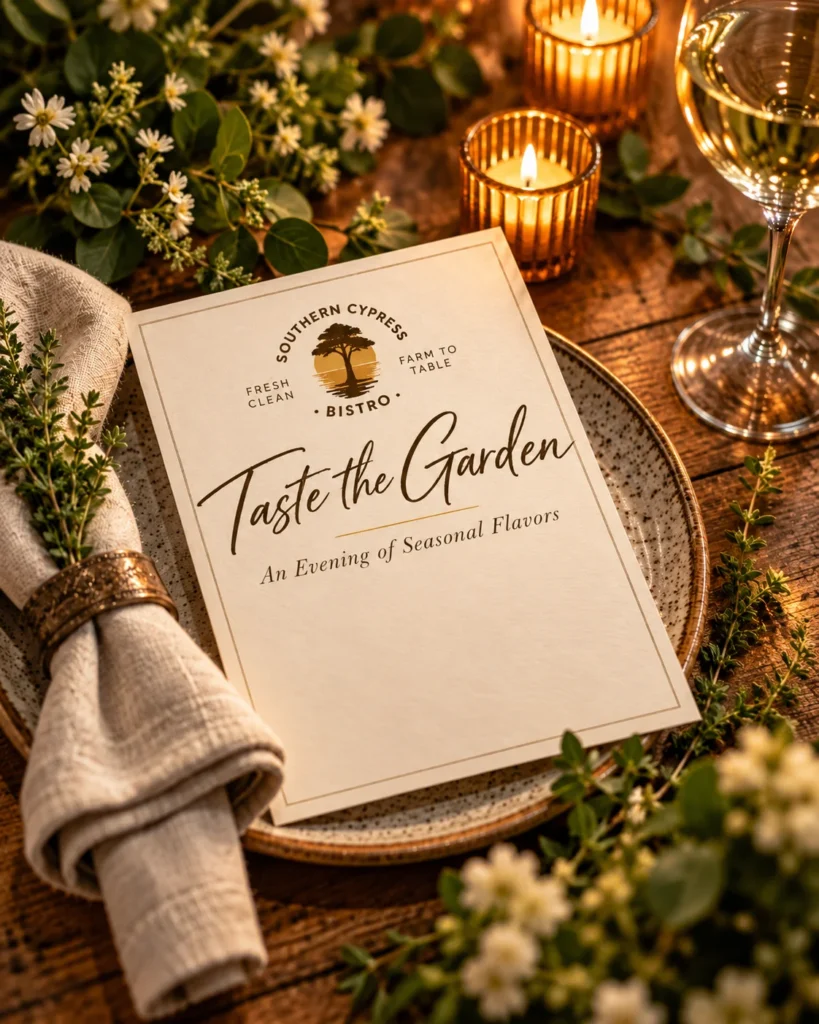 Taste the Garden event menu displayed on a rustic table with candles, fresh greenery, and wine at Southern Cypress Bistro.
